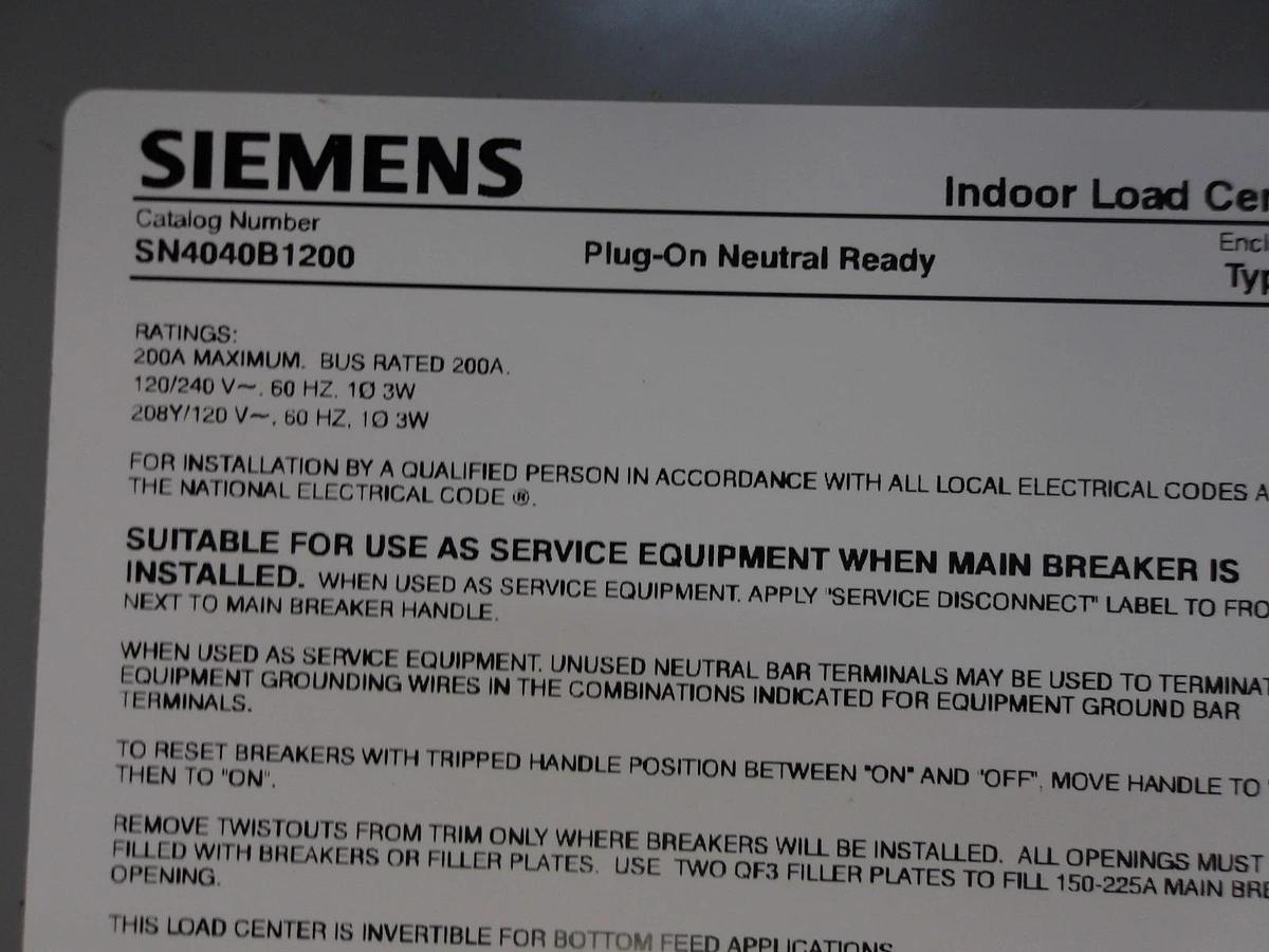 Used SIEMENS 200 A MAIN LOAD CENTER W/ BREAKERS, 120/240 V, #612248G NEW
