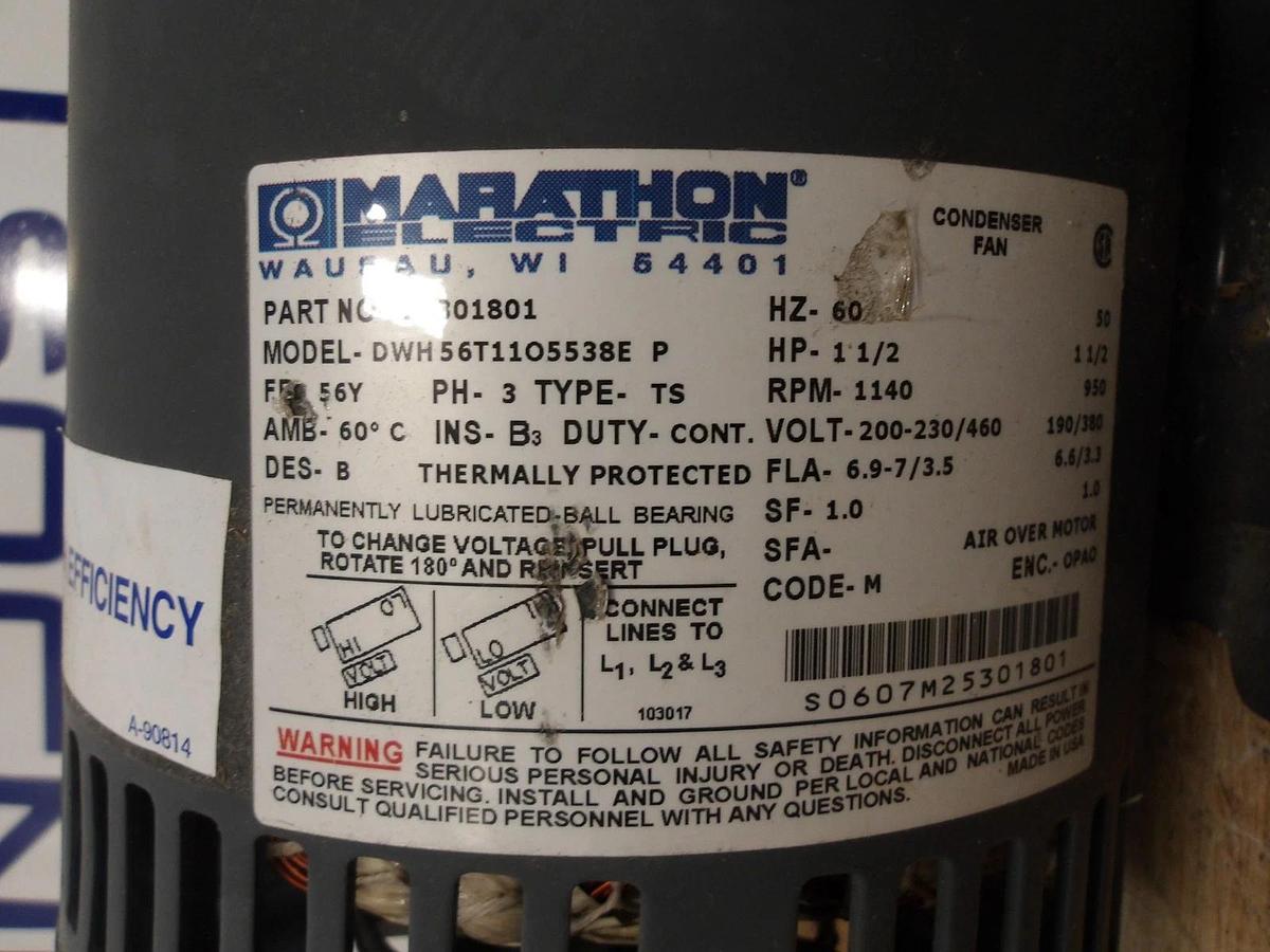 Used MARATHON 1-1/2 HP CONDENSER FAN MOTOR, FR 56Y, 1140 RPM, #871003G NEW