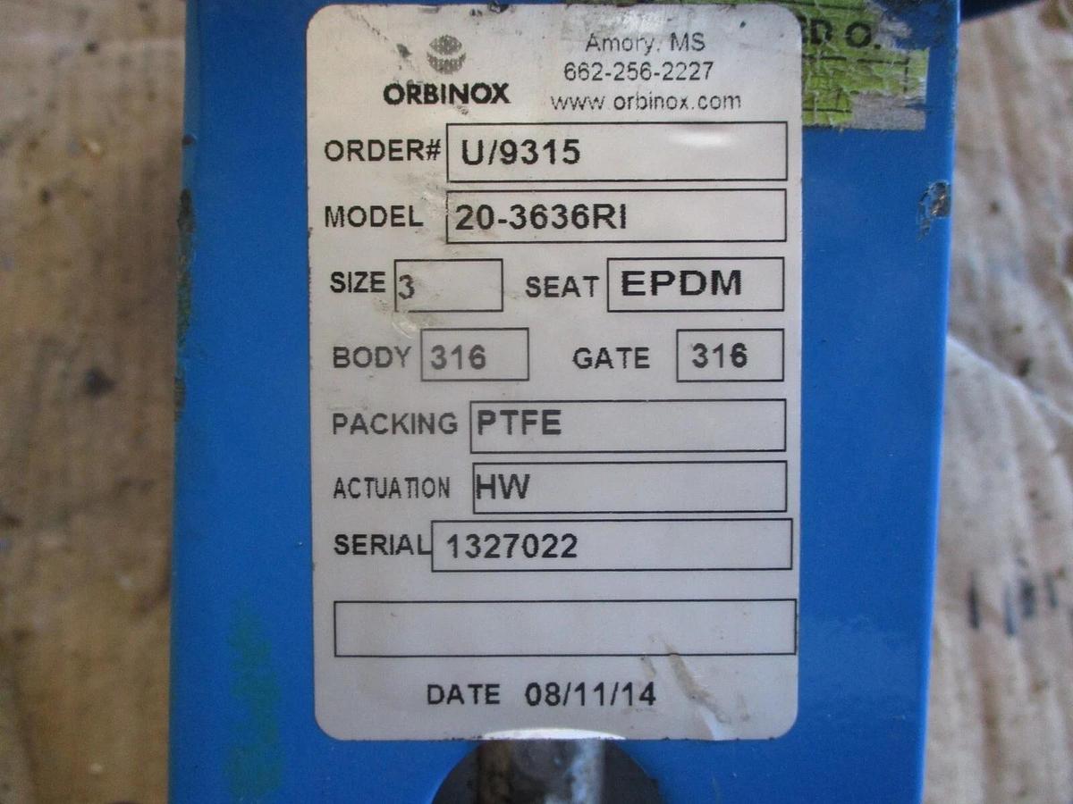 Used ORBINOX 3" STAINLESS KNIFE GATE VALVE 20-3636RI, #75855J USED