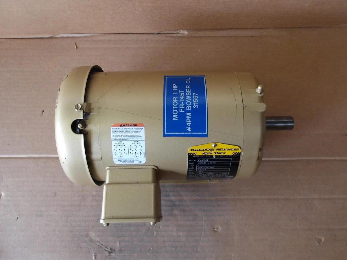Used BALDOR SUPER-E 1 HP MOTOR, FR 145T, 1155 RPM, 208-230/460 V, #114915G NEW