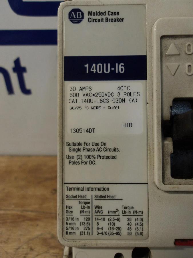 Used ALLEN BRADLEY 30 AMP CIRCUIT BREAKER 600VAC/250VDC, #626301G USED