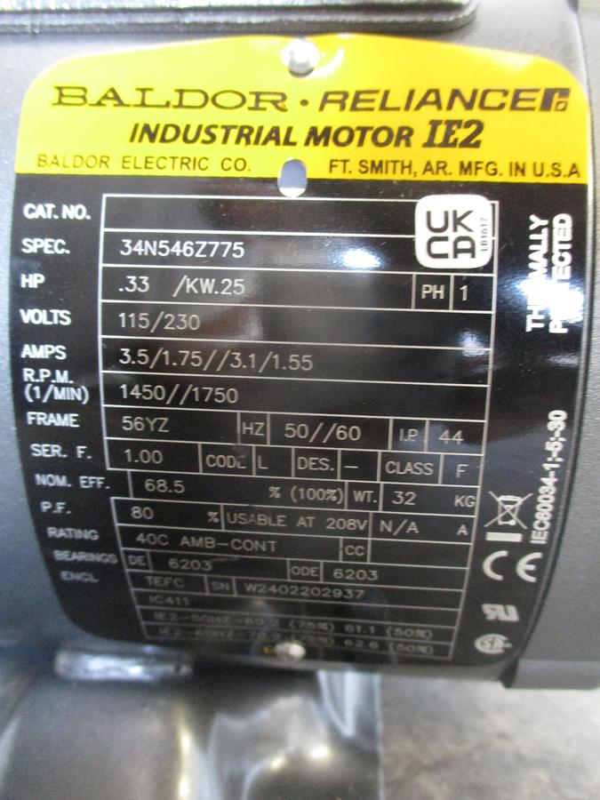BALDOR RELIANCE 0.33 HP MOTOR (SINGLE PHASE) FR 56YZ, 115/230 V