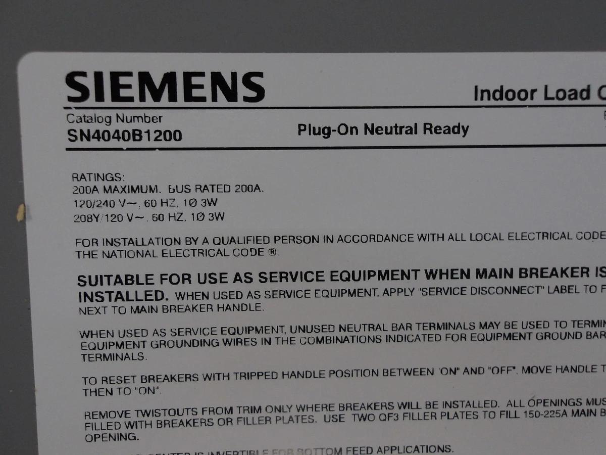 Used SIEMENS 200 AMP MAIN LOAD CENTER, 120/240 V, #612200G NEW