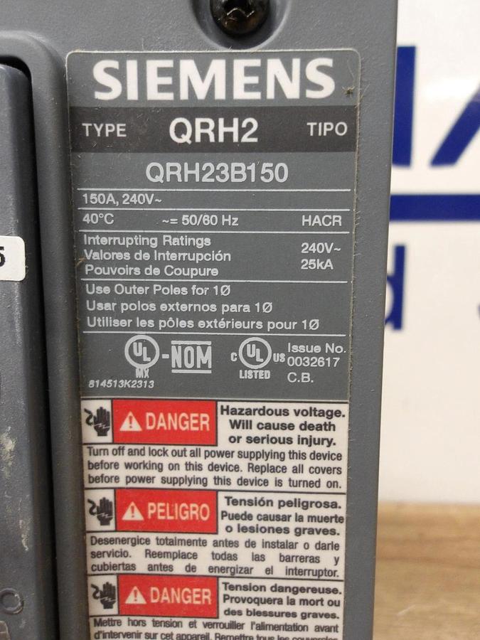 SIEMENS 150 A BREAKER, 240 V, 3 P, QRH23B150, #617314G NIB