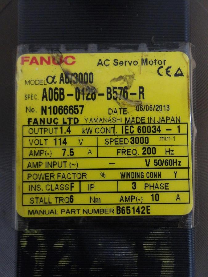 Used FANUC A06B-0128-B576-R AC SERVO MOTOR, 3000 RPM, #514956G REMANUFACTURED