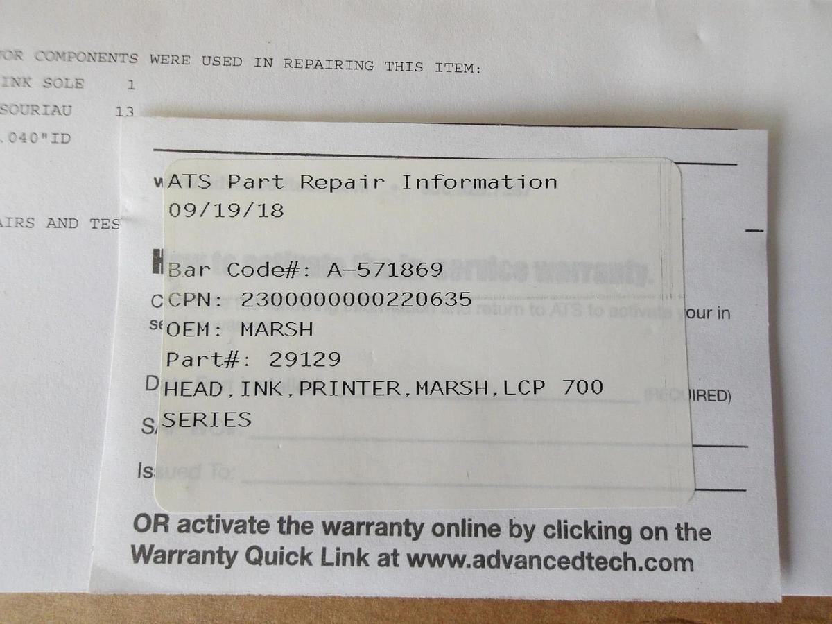 Used MARSH 2S129 PRINTER HEAD 700 SERIES, #94750G REMANUFACTURED