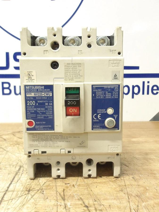 Used MITSUBISH 200 AMP CIRCUIT BREAKER NV225-CWU, #123208G USED