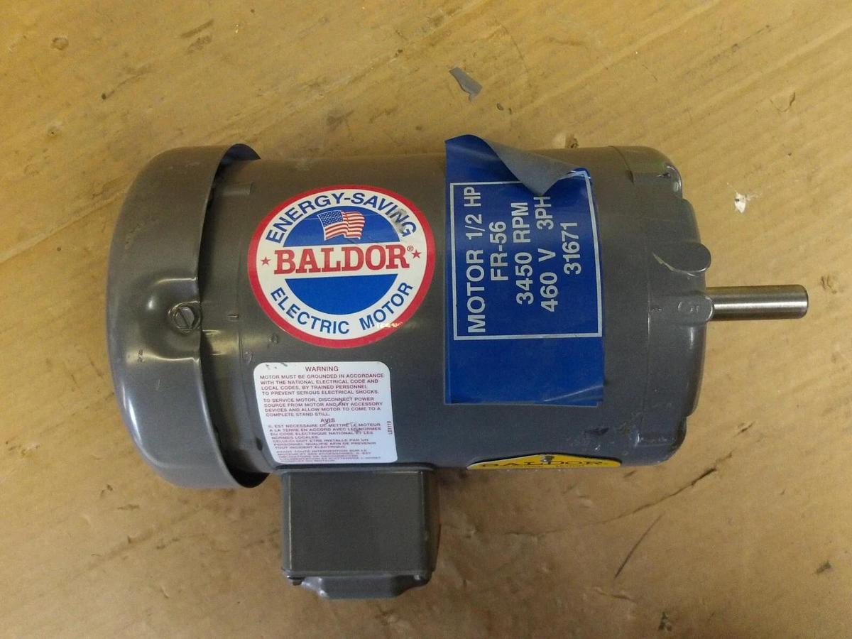 Used BALDOR 1/2 HP MOTOR, FR 56, 3450 RPM, 208-230/460 V, #1121830G NEW