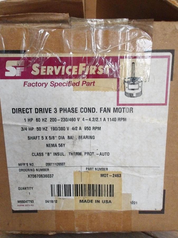 Used MARATHON 1HP DIRECT DRIVE FAN MOTOR, 1140 RPM, FR 56Y-75, #81115G NEW