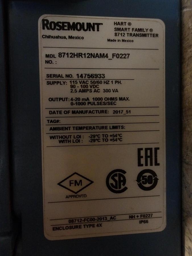 Used ROSEMOUNT 8712 HR12NAM4_F0227 TRANSMITTER CONTROLLER, #115938G USED