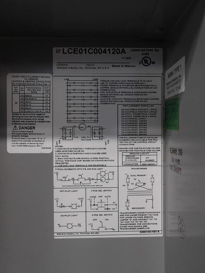 Used SIEMENS LCE01C004120A ELECTRICALLY HELD LIGHTING CONTACTOR, #630951G NEW