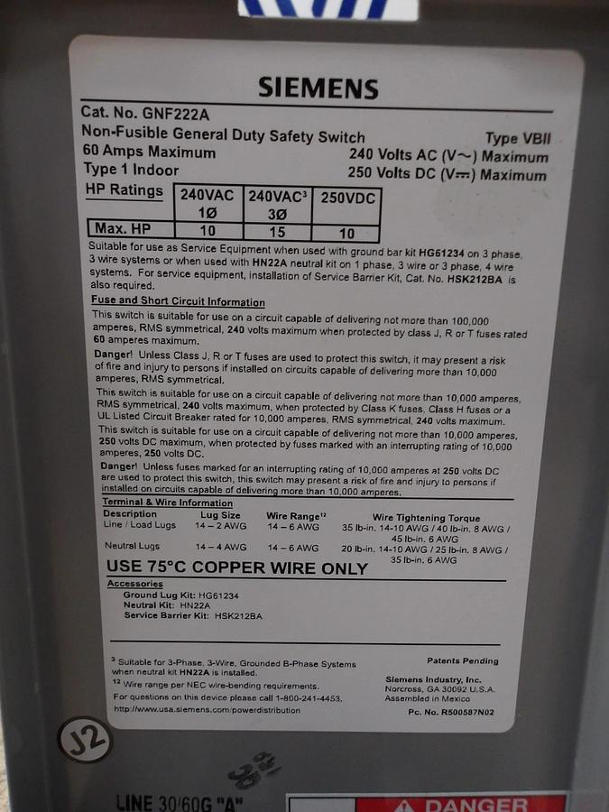 Used SIEMENS 60 AMP ENCLOSED SWITCH, 240AC-250DC V, #512933G NEW