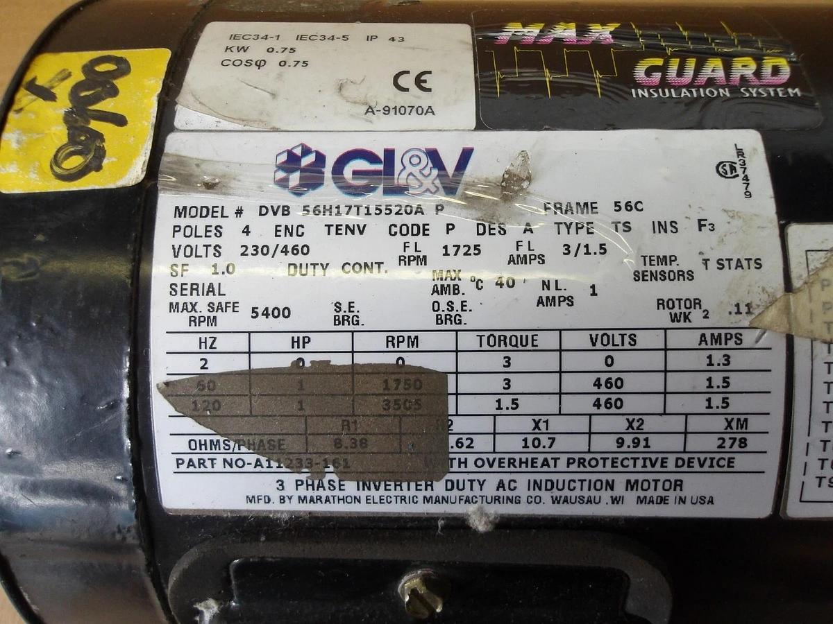 Used GL&V 1 HP MAXGUARD MOTOR, FR 56C, 460-230 V, 1750/3505 RPM, #11141010G NEW