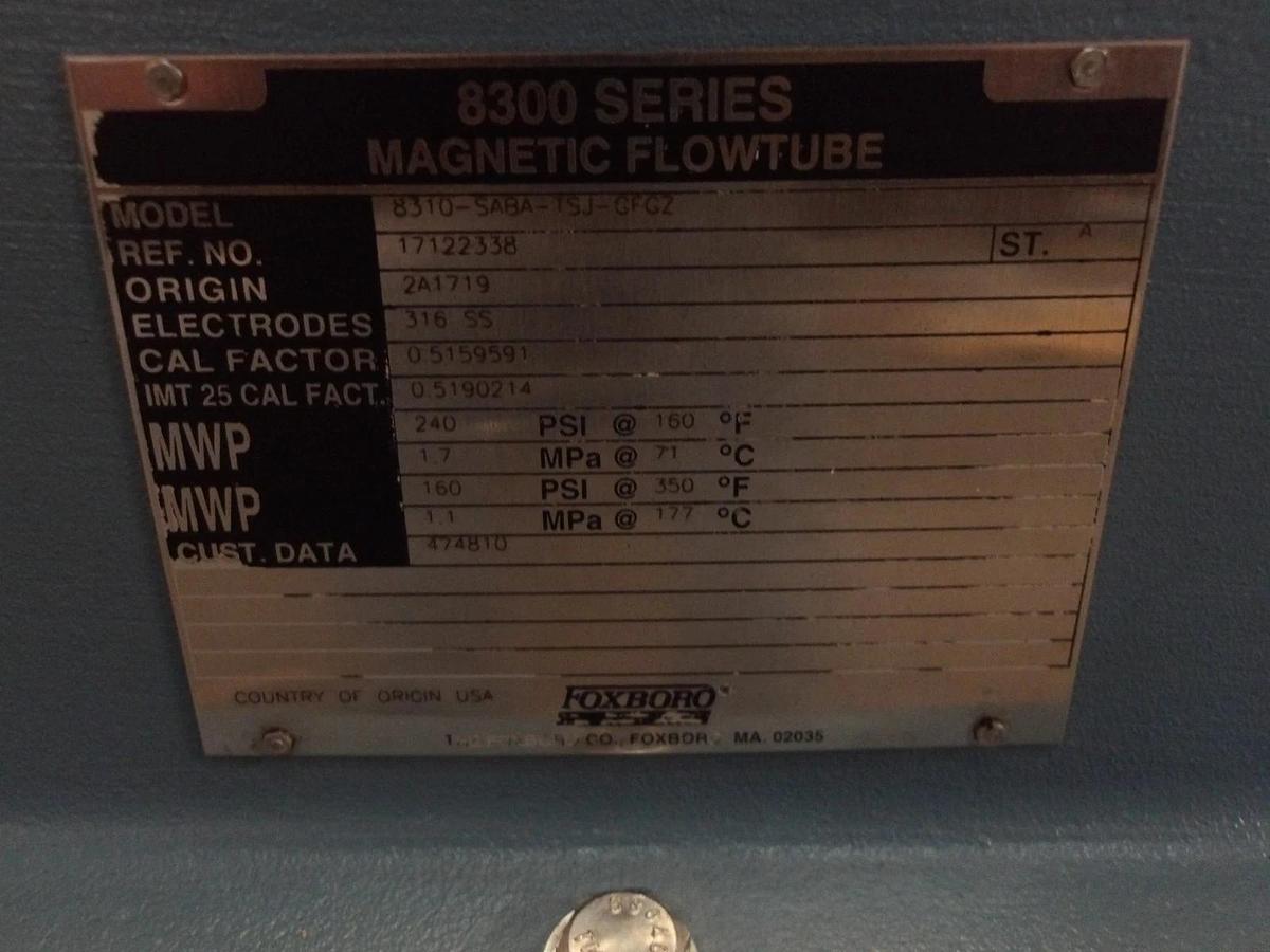 Used FOXBORO 10" MAGNETIC FLOW TUBE 8310-SABA-TSJ-CFCZ, #99246G NEW