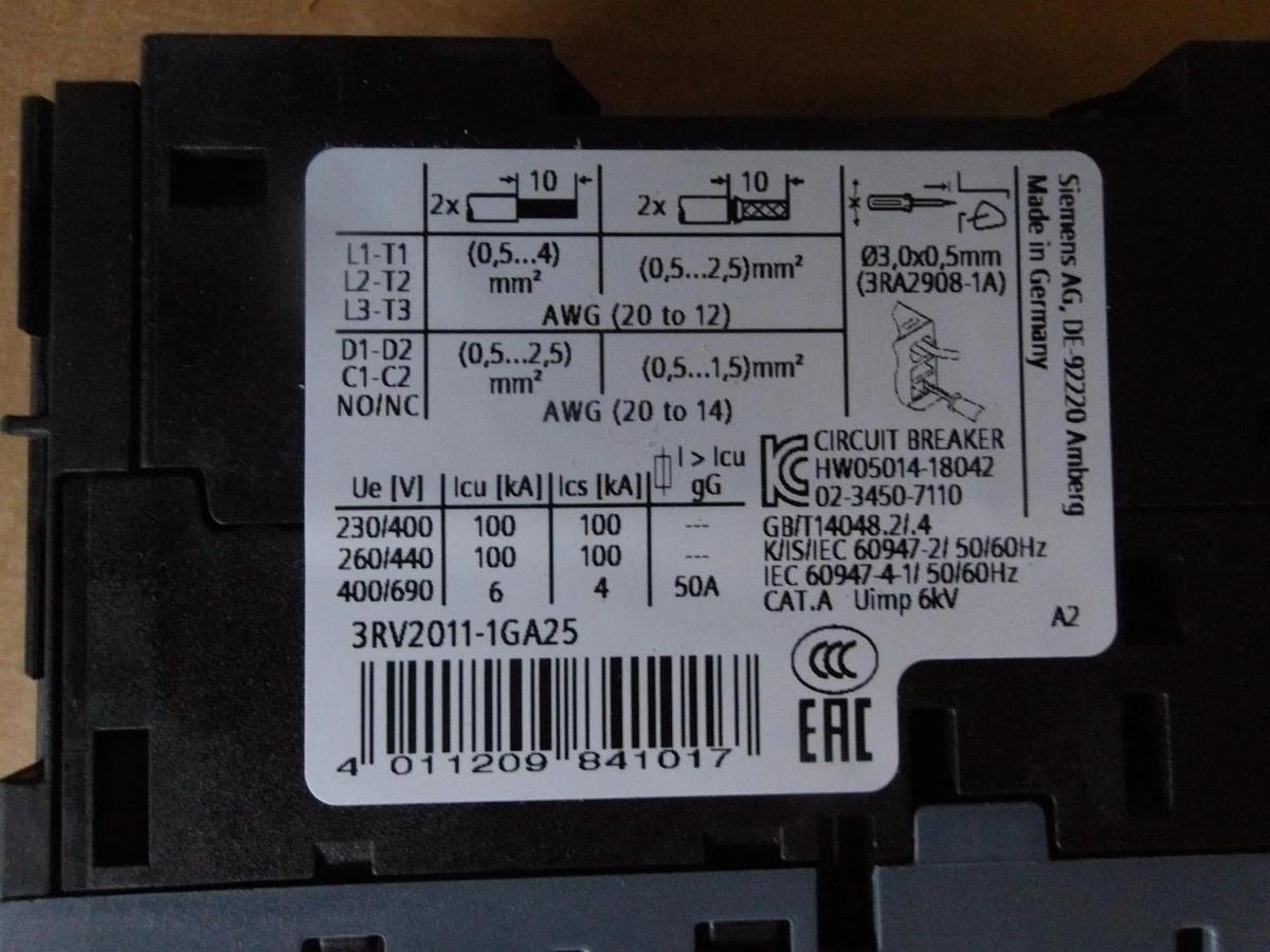 SIEMENS 3RV2011-1GA25 CIRCUIT BREAKER 4.5/6.3 AMP, #113141G NIB