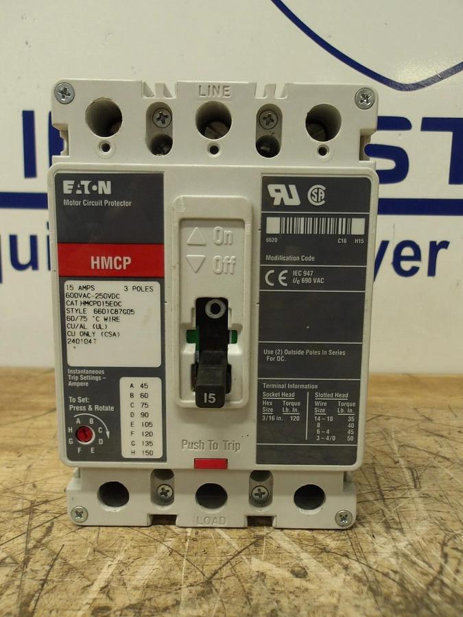 Used EATON 15 AMP BREAKER 600VAC/250VDC, #630843G USED