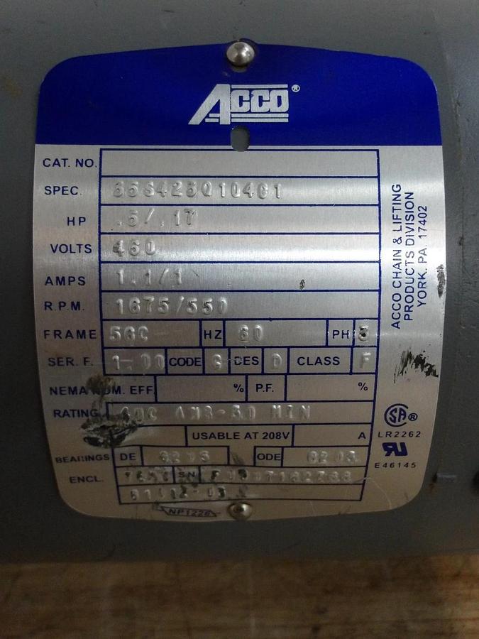 Used ACCO 0.5/0.17 HP HOIST MOTOR W/ BRAKE, FR 56C, 460 V, 1675/550 RPM, #64925G USED