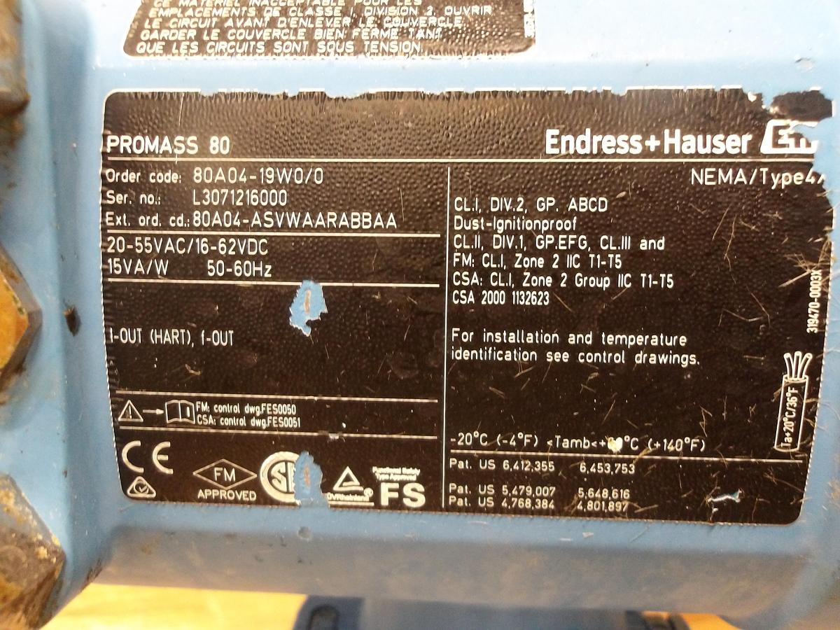 Used ENDRESS HAUSER 1/2" MASS FLOW TUBE 80A04-19W0/0