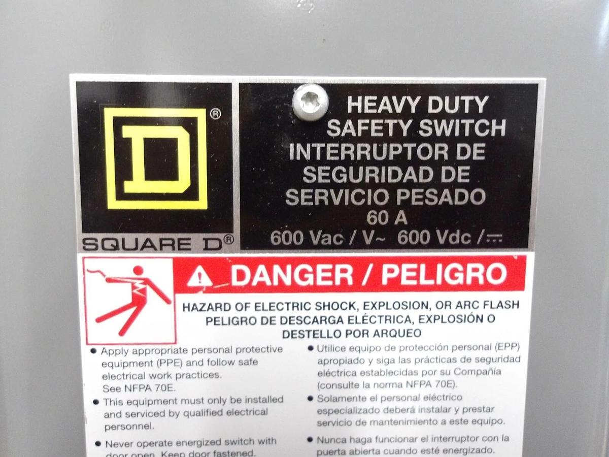 Used SQUARE D 60 AMP SAFETY SWITCH HU362, 600 V, #3181145G NEW