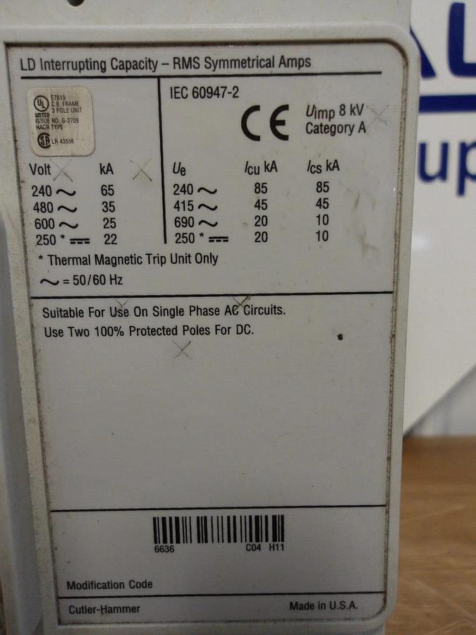 Used CUTLER HAMMER 400 AMP BREAKER LD35K, 600 VAC, #221948G NEW