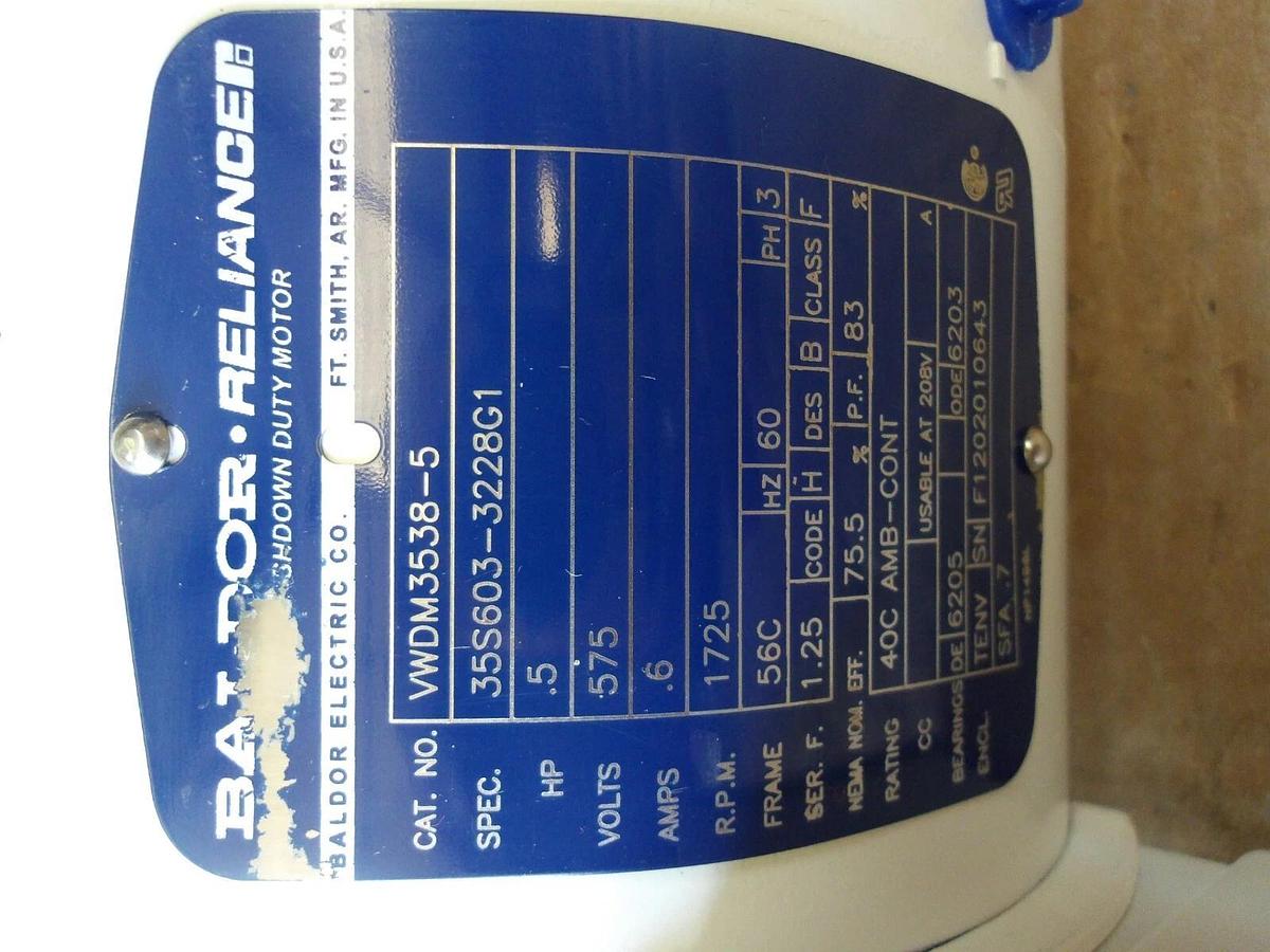 Used BALDOR - RELIANCE .5HP WASHDOWN MOTOR, 1725 RPM, 575 V, #710253G NEW