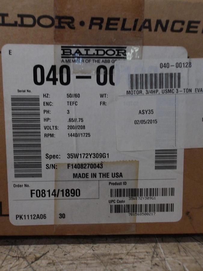 BALDOR RELIANCE .65/.75 HP MOTOR, 1440/1725 RPM, 200-208 V, 145TCZ FR, #651032G