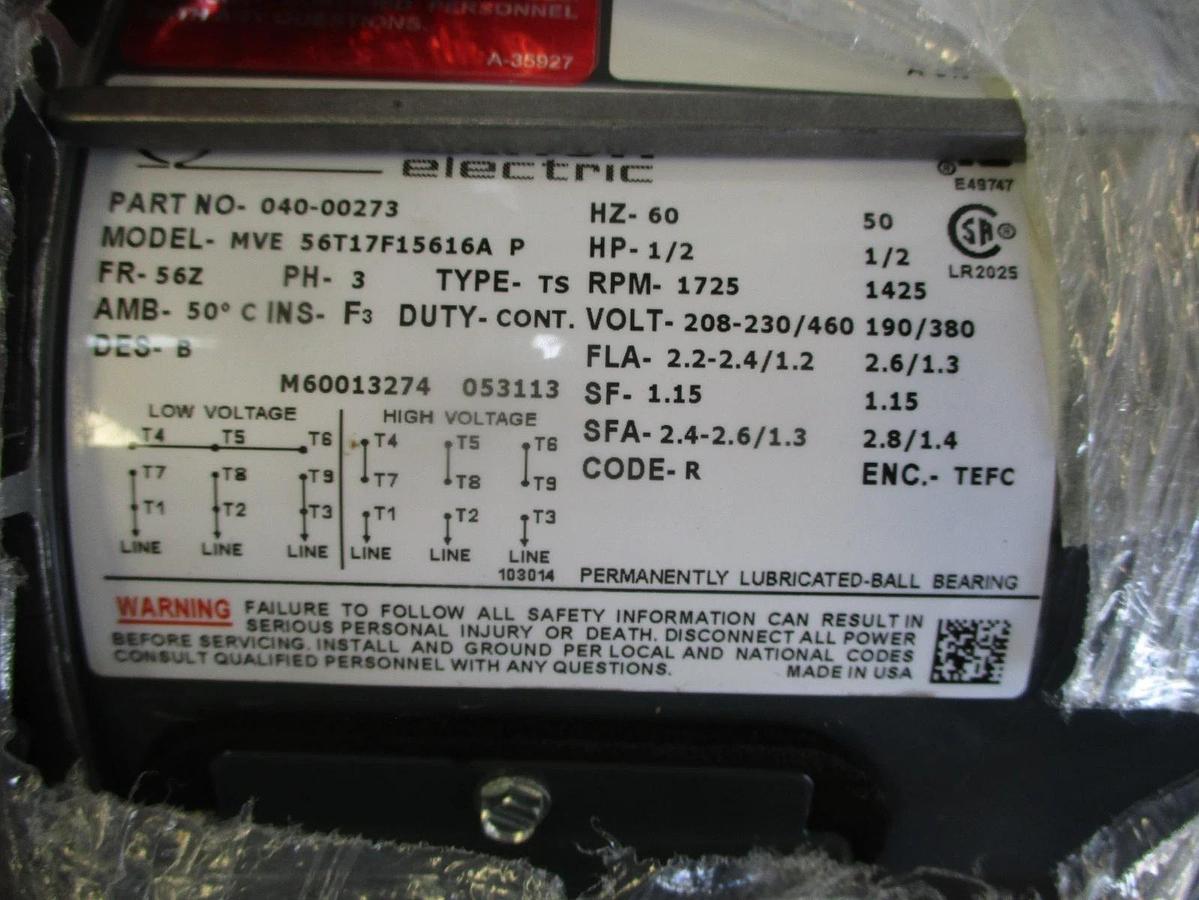 MARATHON 1/2 HP MOTOR, FR 56Z, 1725 1425 RPM, #69246J NIB