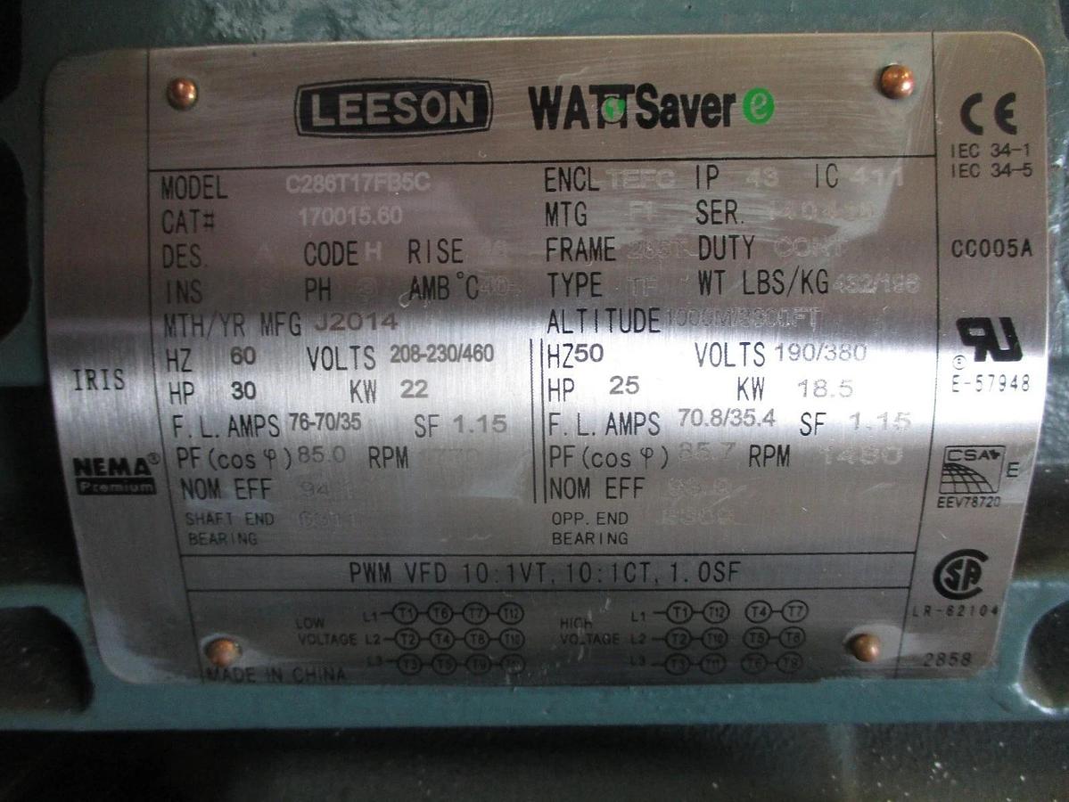 Used LEESON 30 25 HP MOTOR, FR 286T, 1770 1480 RPM, 208-230/460 190/380 V, #69936J