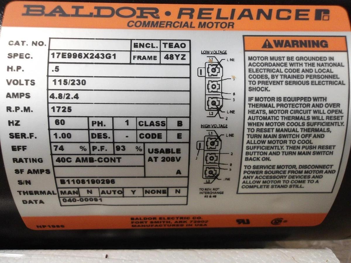 BALDOR RELIANCE .5 HP MOTOR, 1 PHASE, 115/230 V, 1725 RPM, FR 48YZ, #69933G NIB