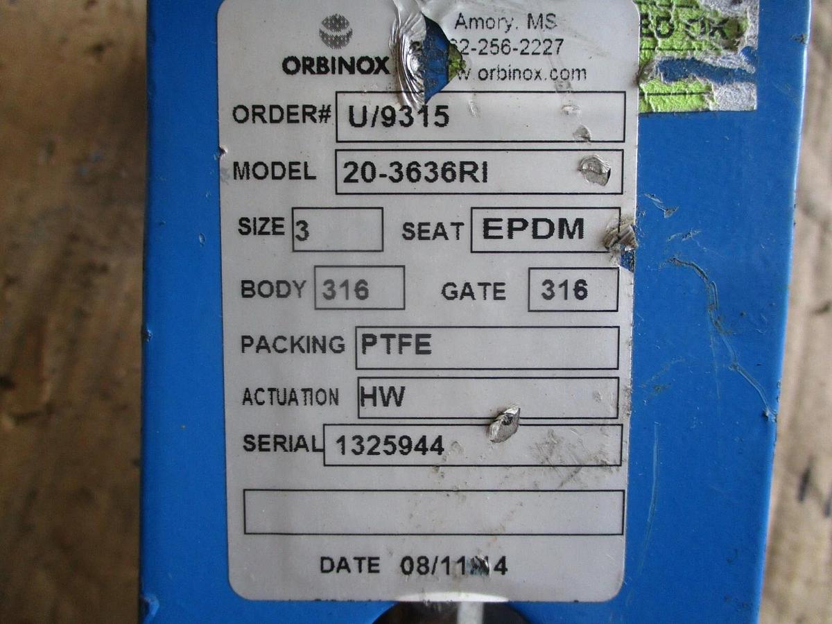 Used ORBINOX 3" STAINLESS KNIFE GATE VALVE 20-3636RI, #731105J USED
