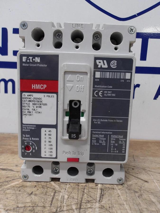 Used EATON 15 AMP BREAKER 600VAC/250VDC, #630843G USED