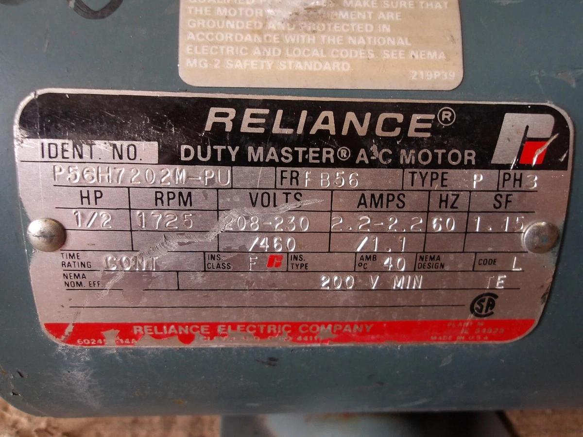 Used RELIANCE 1/2 HP DUTY MASTER AC MOTOR W/ BRAKE, FR FB56, #1011120G NEW