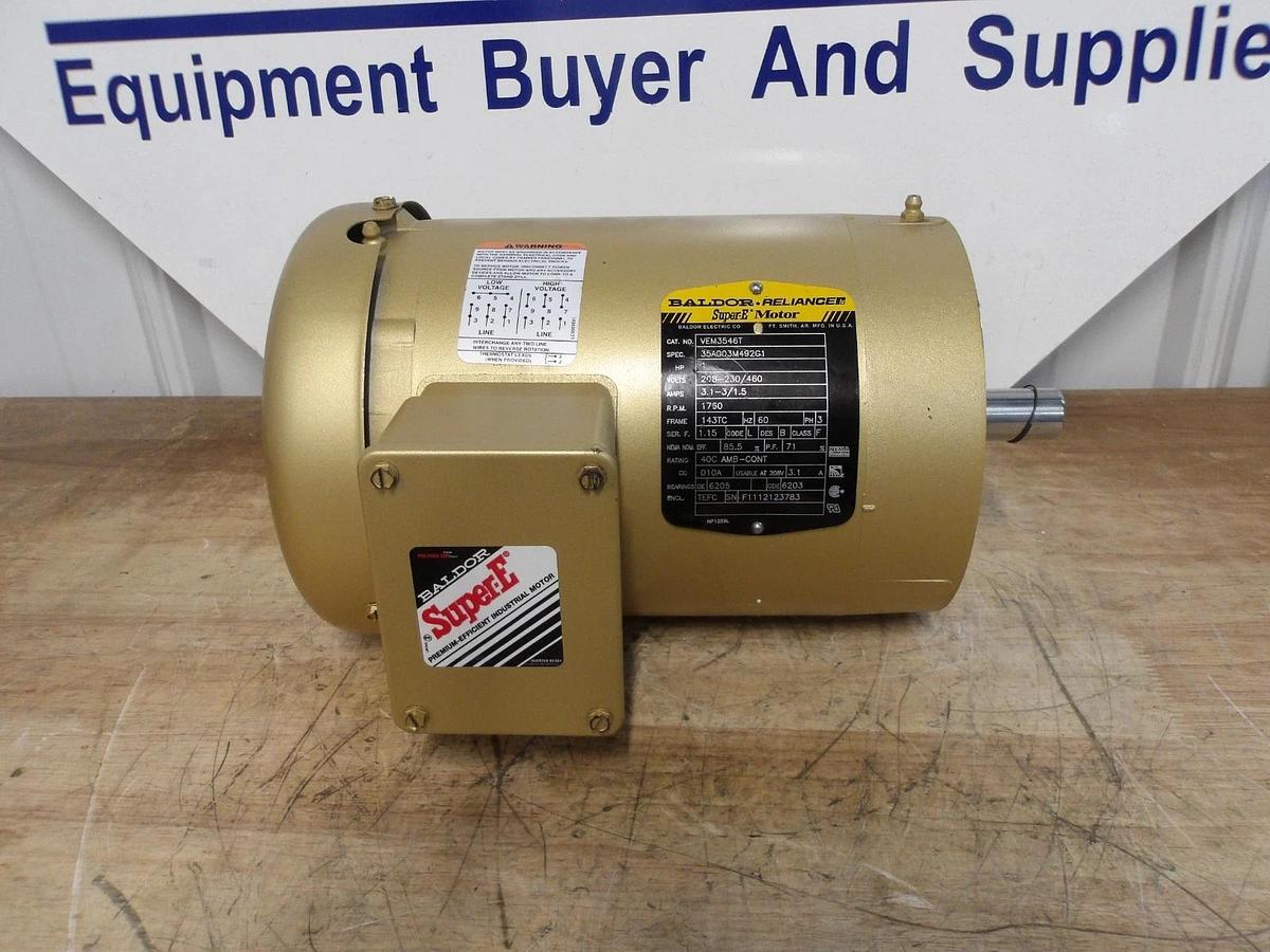 Used BALDOR RELIANCE 1 HP SUPER E MOTOR, FR 143TC, 1760 RPM, 208/230-460 V, #721128G