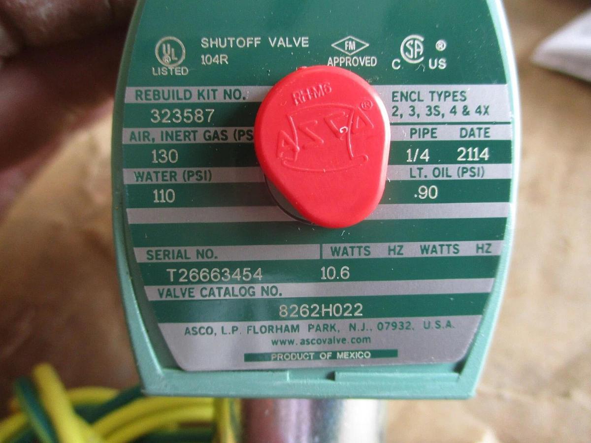 ASCO RED-HAT II 1/4" BRASS SOLENOID VALVE 8262H022, #49327J NIB