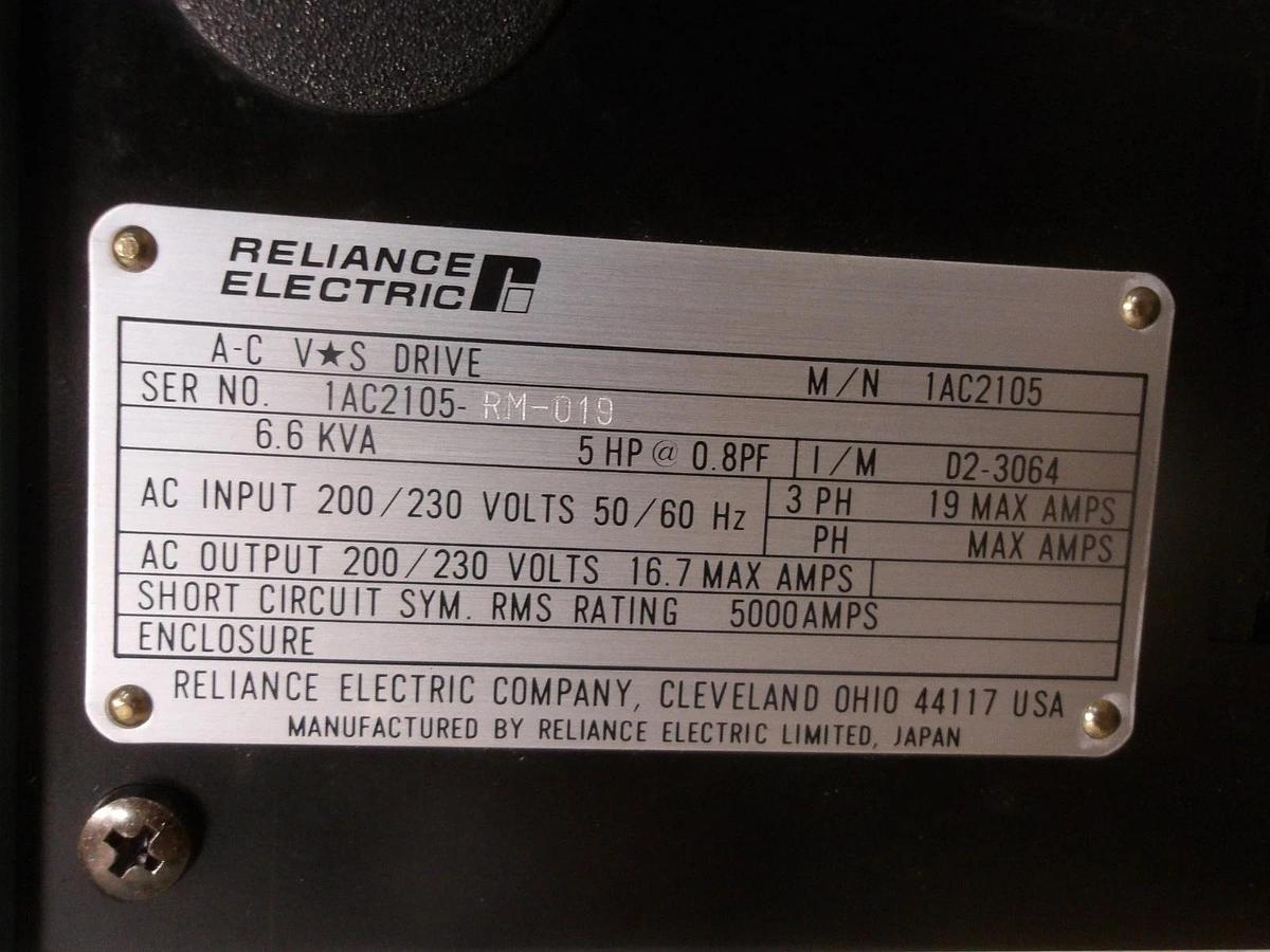 Used RELIANCE 5HP A-C VS DRIVE 1AC2105, 6.6 KVA, 200-230 V, #10281230G NEW