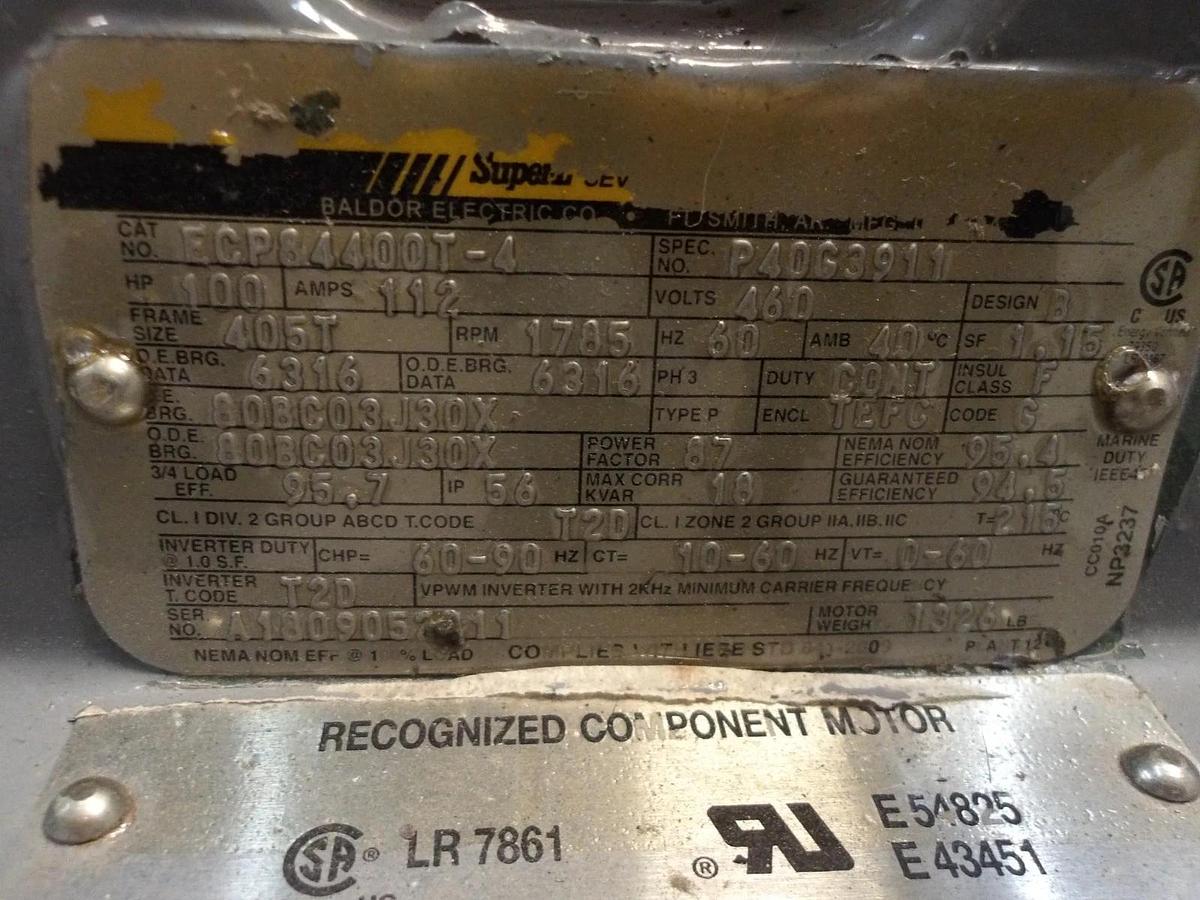 Used BALDOR 100 HP MOTOR, 460 V, 1785 RPM, FR 405T, #325126G REMANUFACTURED