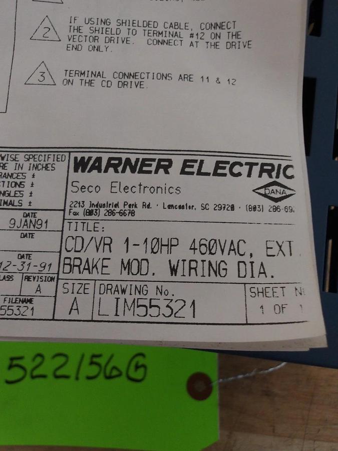 Used WARNER CD/VR BRAKE MODULE 1-10 HP, 460 VAC, #522156G NEW