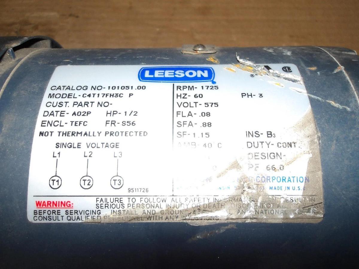 Used LEESON 1/2 HP MOTOR, FR S56, 1725 RPM, 575 V, #103750G USED