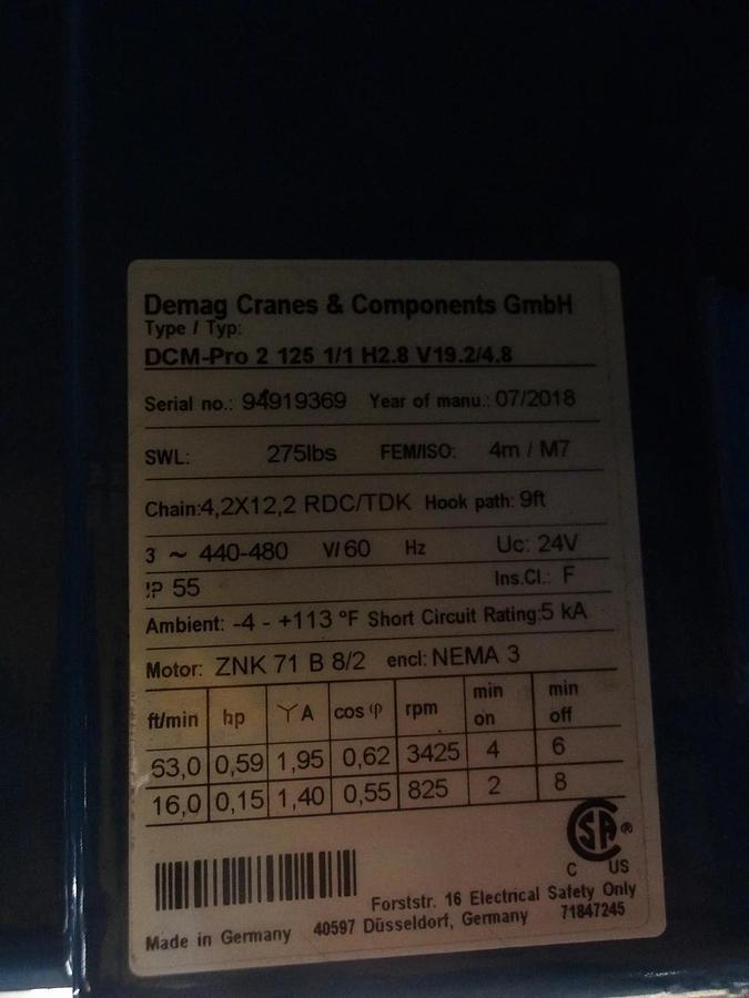 Used DEMAG DCM-PR02 CHAIN HOIST 275 LBS, 9 FT LIFT, #79935G NEW