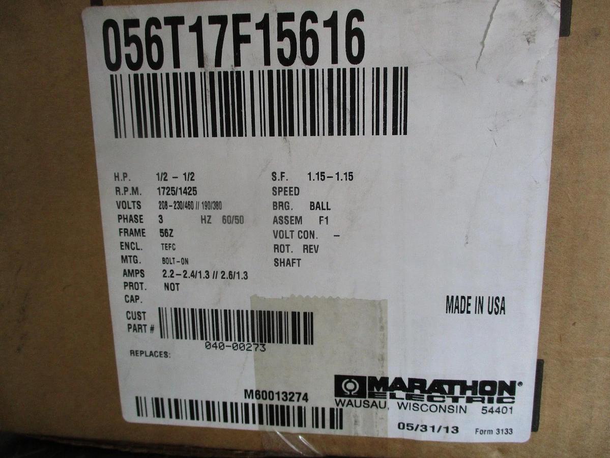 MARATHON 1/2 HP MOTOR, FR 56Z, 1725 1425 RPM, #69246J NIB