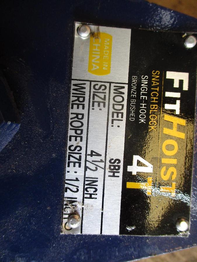 Used FIT HOIST 4T SINGLE HOOK SNATCH BLOCK, #717341J NEW