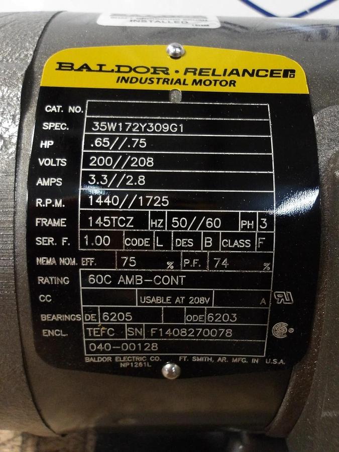 BALDOR RELIANCE .65/.75 HP MOTOR, 200-208 V, 1440-1725 RPM, 145TCZ FR, #69817G