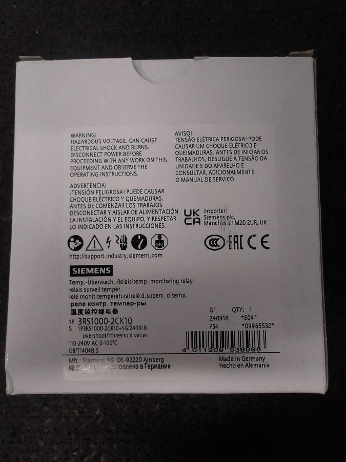 SIEMENS SIRIUS 3RS1000-2CK10 TEMP MONITORING RELAY, #3251015G NIB
