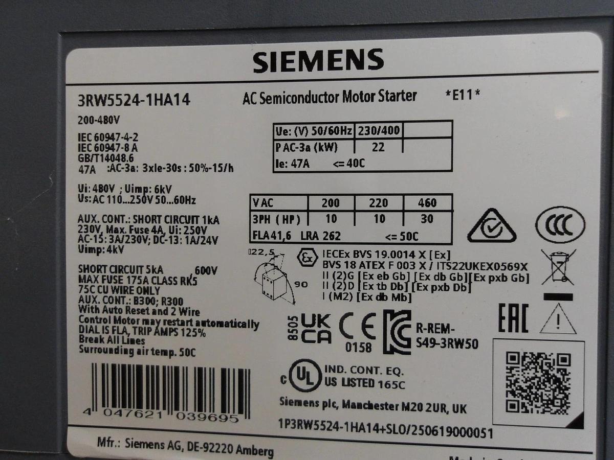 Used SIEMENS SIRIUS 3RW55 SOFT START, 10-30 HP, #1126300G NEW