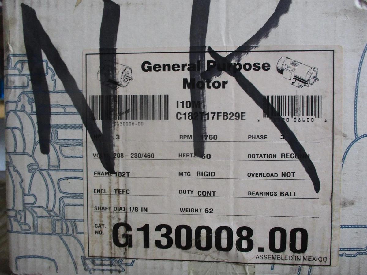 LEESON 3 HP MOTOR, FR 182T, 208-230/460 V, 1760 RPM, #69812J NIB