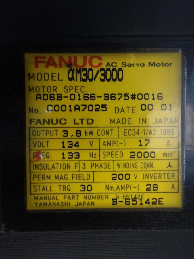 Used FANUC A06B-0166-B675 0016 AC SERVO MOTOR, 2000 RPM, #528243G REMANUFACTURED