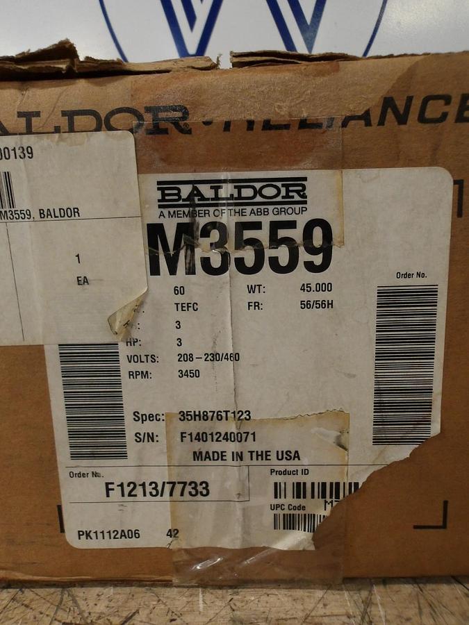 BALDOR RELIANCE 3 HP MOTOR, 3450 RPM, 56/56H FR, 208-230/460 V, #69221G NIB