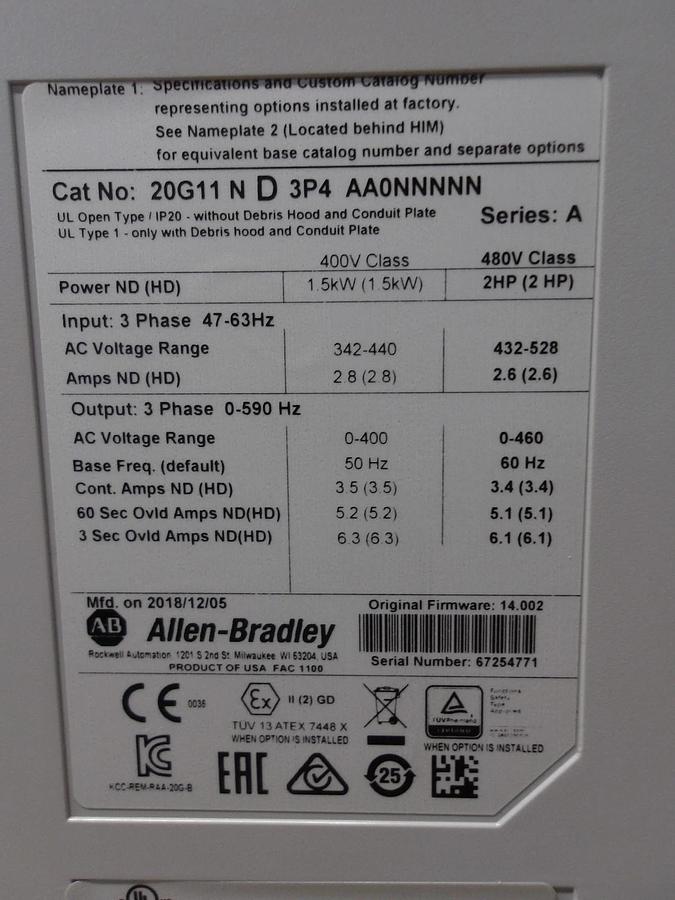 Used ALLEN BRADLEY 2 HP POWERFLEX 755, 400-480 V, #321145G USED