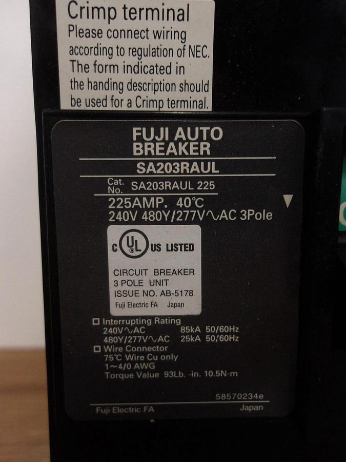 FUJI 225 AMP SA BREAKER SA203RAUL, #2251005G NIB