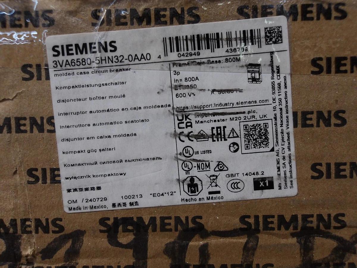 Used SIEMENS 800 AMP BREAKER SENTRON 3VA6580-5HN32-0AA0, #1125250G NEW